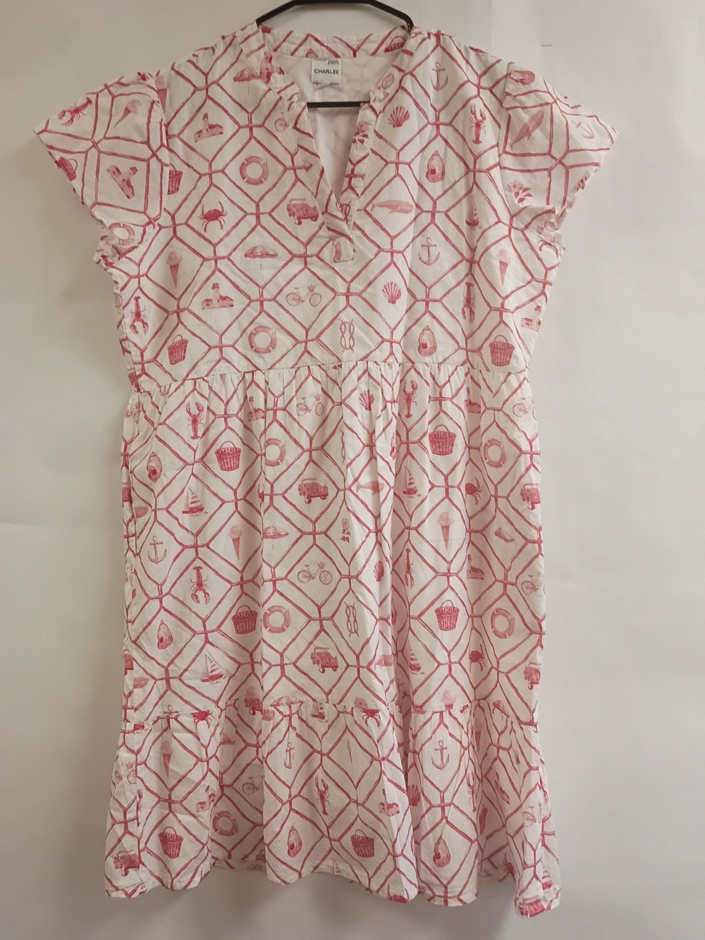 CHARLESTON SHOE CO. White Midi Dress with Pink Nautical Motif